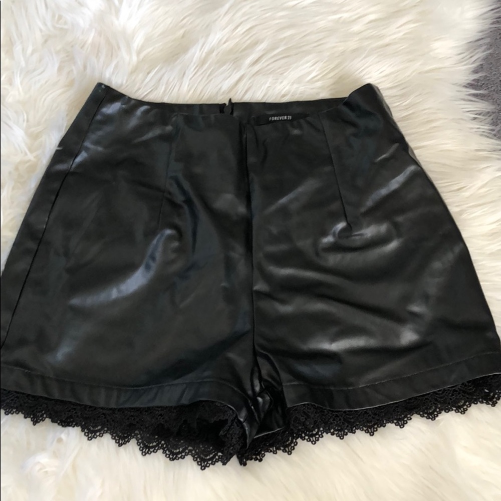 Black Faux leather lace trim high waisted shorts